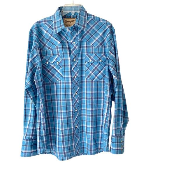 Wrangler Blue White Plaid Western Pearl Snap Button Down Long Sleeve Shirt Large - Picture 1 of 6